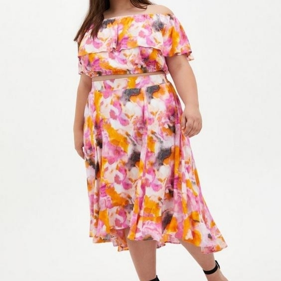 Torrid Multi Watercolor Tie-Dye Off Shoulder Skirt Set Size 1/1X Summer Party - Picture 1 of 12